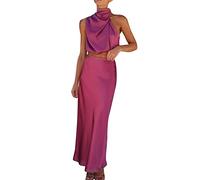 Langes, formelles Damen-Satinkleid, Stehkragen, ärmellos, Seitenschlitz, fließendes Maxi-Tanktop und Rock, Weihnachtsrock-Anzug, hot pink, S