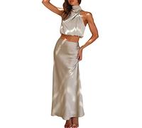 Langes, formelles Damen-Satinkleid, Stehkragen, ärmellos, Seitenschlitz, fließendes Maxi-Tanktop und Rock, Weihnachtsrock-Anzug, grün, S