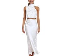 Langes, formelles Damen-Satinkleid, Stehkragen, ärmellos, Seitenschlitz, fließendes Maxi-Tanktop und Rock, Weihnachtsrock-Anzug, weiß, S