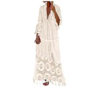 Langes Kleid Damen 3/4 Ärmel V-Ausschnitt Maxikleid Sommerkleid Vintage Boho Hippie Kleid lang Floral Party Spitzenkleid Strandkleid Cocktailkleid,Beige,L