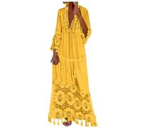 Langes Kleid Damen 3/4 Ärmel V-Ausschnitt Maxikleid Sommerkleid Vintage Boho Hippie Kleid lang Floral Party Spitzenkleid Strandkleid Cocktailkleid,Gelb,L