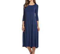 Langes Kleid Damen Baggy Kleid Damen Rundhalsausschnitt Kleid Mid-Sleeve Kleid Solid Rock Großes Damen Kleid Swing Kleid Basic Kleid Comfy Kleid Sommer Damen Fluffy Rock Navy M