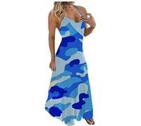 Langes Kleid für Damen, Camouflage-Druck, Sommer, Spaghetti-Träger, V-Ausschnitt, lässig, große Größe, Saum, Plissee, lose 2023, Mode, S-5XL, Urlaubsstil, blau, XXL