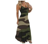Langes Kleid für Damen, Camouflage-Druck, Sommer, Spaghetti-Träger, V-Ausschnitt, lässig, große Größe, Saum, Plissee, lose 2023, Mode, S-5XL, Urlaubsstil, grün, XXXXXL