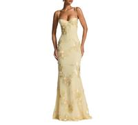 Langes Kleid mit Blumenstickerei, Taillierter Oberteil Bindeband Am Rücken Schmale Träger Bodenlanges Modell Festliches Abendkleid und Bankettkleid