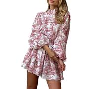 Langes Kleid mit Puffärmeln und Rollkragen für Damen - Frühlings-Blumendruck, A-Linie, Tunika-Kleider, Vintage-Stil, chinesischer Stil, Swing, langärmelig, Mini-Outfit für Party, Arbeit, Urlaub, rot,