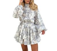 Langes Kleid mit Puffärmeln und Rollkragen für Damen - Frühlings-Blumendruck, A-Linie, Tunika-Kleider, Vintage-Stil, chinesischer Stil, Swing, langärmelig, Mini-Outfit für Party, Arbeit, Urlaub, grau,