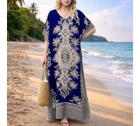 Langes Maxikleid für Damen, Strandkleid, lockere Passform, Kaftan, V-Ausschnitt, bedruckt, Urlaub, Resort, Strand, Urlaub