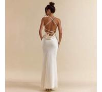 Langes rückenfreies Satinkleid mit tiefem V-Ausschnitt, Spaghettiträger & Bindung in Taille, elegant für Urlaub, Hochzeit, Geburtstag, Schule, Apricot