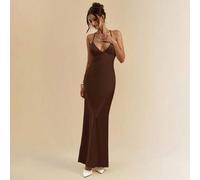 Langes Satinkleid mit V-Ausschnitt, rückenfrei, mit Schnürung, Farbe Apricot/Weiß, elegantes Urlaubskleid, Brautjungfernkleid, Geburtstagsparty Kleid,