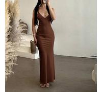 Langes Satinkleid mit V-Ausschnitt, rückenfrei, mit Schnürung, Farbe Apricot/Weiß, elegantes Urlaubskleid, Brautjungfernkleid, Geburtstagsparty Kleid,