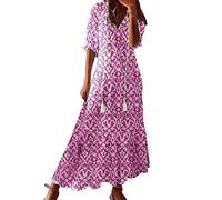 Langes Sommerkleid Damen Blumen, Boho Kleid Damen Große Größen, Kurzarm T Shirt Kleider Rundhals Maxikleid Casual Einfarbig Leichten Strandkleid Hohe Taille Strandkleider