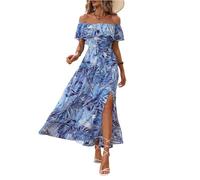 Langes Sommerkleid Damen Boho Elegant Blumen Strandkleid Damen Luftig Lang Schulterfrei Sommerkleider Leicht Und Luftig Maxi Italienische Kleider A Linie mit Schlitz Maxikleid Frauen mit Gürtel
