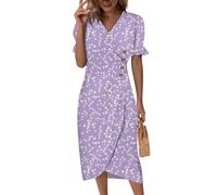 Langes Sommerkleid Damen, Damen Ärmelloses Rundhals Cocktailkleid Kleider Kurzarm V-Ausschnitt Strandkleid Sommerkleider Blumen Druck Lockere Tailliert Boho Kleid Midikleid Knopf Bequme (1-Lila, 3XL)