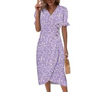 Langes Sommerkleid Damen, Damen Ärmelloses Rundhals Kleid Hochzeitsgast V-Ausschnitt Kurzarm Strandkleid Blumendruck Tailliert Curvy Midikleid Sommerkleider Knopf Classic Partykleid (2-Lila, L)