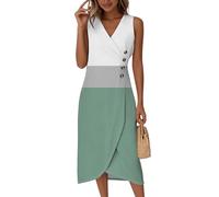 Langes Sommerkleid Damen,Damen Kurzarm Sommerkeider Knielange Cocktailkleid Gradient V Ausschnitt Ärmellos Wickelkleid Knopf Strandkleid Sommerkleider Leichtes Casual Midi Länge Kleider(3-Grün,L)