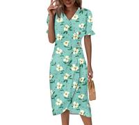 Langes Sommerkleid Damen,Sommerkleider Damen Kleid Hochzeitsgast Kurzarm V-Ausschnitt Wickelkleid Midikleid Vintage Blumen Druck Leichtes Strandkleid Knopf Klassische Partykleid Abendkleid(2-Grün,M)
