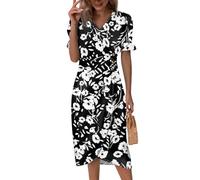 Langes Sommerkleid Damen,Sommerkleider Damen Musselin Kleid V-Ausschnitt Wickelkleid Midikleid Sommer Blumendruck Strandkleid Partykleid Tailliert Knopf Freizeitkleid Abendkleid A-Linie(1-Schwarz,S)