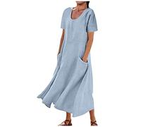 Langes Sommerkleid für Damen, Baumwolle, Leinen, ärmellos, elegant, fließend, Übergröße, locker, bequem, mit Taschen, #031 Himmelblau, Groß
