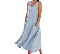 Langes Sommerkleid für Damen, Baumwolle, Leinen, ärmellos, elegant, fließend, Übergröße, locker, bequem, mit Taschen, #02 Hellblau, 5X-Groß