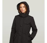 Langjacke G-STAR "Vodan long jkt wmn", Damen, Gr. XL, schwarz (dk schwarz), Web, Obermaterial: 54% Elastomultiester, 46% Polyester, unifarben, tailliert knielang, hoch geschlossener Ausschnitt, Bündch