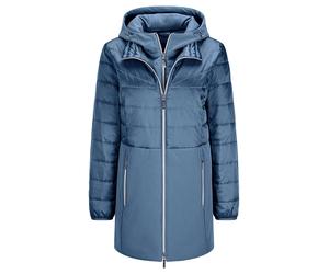 Langmantel GOLDNER "Wintermantel mit Softshell-Einsatz", Damen, Gr. 50, blau (rauchblau), Obermaterial: 50% Polyamid PA. 47% Polyester PES. 3% Elasthan EL., Mäntel, mit Softshell-Einsatz (48400132-50)