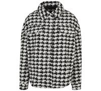 Langmantel URBAN CLASSICS "Urban Classics Damen Ladies AOP Sherpa Overshirt", Damen, Gr. 3XL, schwarz-weiß (schwarzhoundstooth), 100% Polyester, mehrfarbig, oversize, amerikanischer Ausschnitt, Jacken