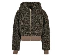 Langmantel URBAN CLASSICS "Urban Classics Damen Ladies Short Oversized AOP Sherpa Jacket", Damen, Gr. XXL, braun (schwarztaupeleo), 100% Polyester, mehrfarbig, oversize, ohne Ausschnitt, Mäntel (76530