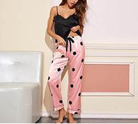 LANGX Damen Pyjama-Set,Seidensatin-Pyjama-Set Für Damen, Sexy Sommer-Damen-Pyjama, Schwarzer Spitzen-Hosenträger Mit V-Ausschnitt Und Rosa Hosen-Set, Bequeme Homewear,XL