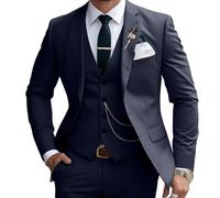 Lanshion 3-teiliges Anzug-Set für Herren, 2 Knöpfe, schmale Passform, gekerbtes Revers, solide Blazer, Weste, Hose, Marineblau, XX-Large