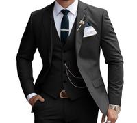 Lanshion 3-teiliges Anzug-Set für Herren, 2 Knöpfe, schmale Passform, Gekerbtes Revers, solide Blazer, Weste, Hose, Schwarz, L