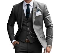 Lanshion 3-teiliges Anzug-Set für Herren, 2 Knöpfe, schmale Passform, Gekerbtes Revers, solide Blazer, Weste, Hose, grau dunkel, S