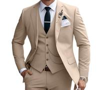 Lanshion 3-teiliges Anzug-Set für Herren, 2 Knöpfe, schmale Passform, Gekerbtes Revers, solide Blazer, Weste, Hose, Champagner, L