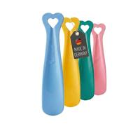 Lantelme Baby Schuhlöffel 4 Stück Set | auch für Kleinkinder Farbe in Rosa, Gelb, Blau & Grün - 13,5 cm x 2,5cm, bis Schuhgröße 24 | Schuhanzieher Made in Germany aus Kunststoff