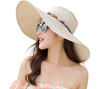 Lanzom Womens Wide Brim Straw Hat Floppy Foldable Roll up Cap Beach Sun Hat UPF 50+ (Style A-Khaki)