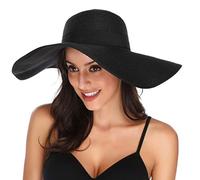 Lanzom Womens Wide Brim Straw Hat Floppy Foldable Roll up Cap Beach Sun Hat UPF 50+ (Style C-Black)