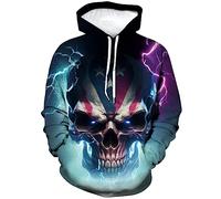 LAOLIUSN Herren-Kapuzenpullover mit Blitz-Totenkopf-Motiv, Patriotisches Thema, amerikanische Flagge, Grafik-Pullover, Violett, 4X-Large