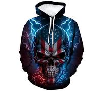 LAOLIUSN Herren-Kapuzenpullover mit Blitz-Totenkopf-Motiv, Patriotisches Thema, amerikanische Flagge, Grafik-Pullover, Blau, XXX-Large