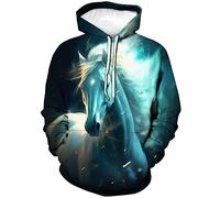 LAOLIUSN Herren-Kapuzenpullover mit Pferdemotiv, realistisches Grafik-Sweatshirt, Blau, X-Large