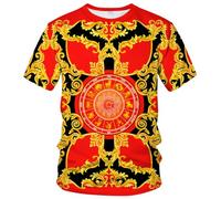 LAOLIUSN Herren-T-Shirt, goldfarben, glänzend, bedruckt, goldfarben, kunstvolles Design, florales Grafik-T-Shirt, Schwarz Rot, L