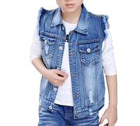 LaoZan Kinder Jungen Ärmellose Zerrissene Jeans Weste Fit Beiläufige Cowboy Denim Jacke Weste Slim Fit Jeansweste Blau 140CM