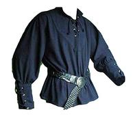 LaoZanA Herren Lang Mittelalter Hemd Schnürhemd Stehkragen Gothic Steampunk Viktorianisch Langarmshirt Ohne Gürtel Blau 3XL