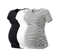 LAPASA Damen 3 er Pack Umstandstop Umstandsmode Umstandskleidung Tops Schwangerschaft Kurzarm Umstands T-Shirt L55, Schwarz, Blau gestreift, Weiß, L