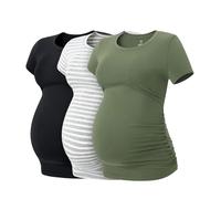 LAPASA Damen 3 er Pack Umstandstop Umstandsmode Umstandskleidung Tops Schwangerschaft Kurzarm Umstands T-Shirt L55, Schwarz, Grau gestreift, Olivgrün, XXL