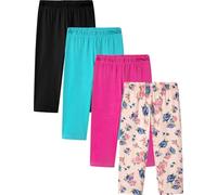 LAPASA Mädchen 4er Pack Capri Leggings, 3/4 Sportleggings Freizeit Schlafleggings aus Baumwolle, G19, Schwarz, Türkis, Rosa, Blumen, 11-12 Jahre