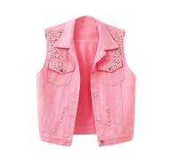 LApooh Ärmellose Jeansweste Für Damen, Vintage-Jeansjacke Mit Gewaschenen Perlen, Strickjacken, Übergröße, Hip-Hop-Outfits, Streetwear, Leichte Warme Oberbekleidung, Pink, L
