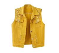 LApooh Ärmellose Jeansweste Für Damen, Vintage-Jeansjacke Mit Gewaschenen Perlen, Strickjacken, Übergröße, Hip-Hop-Outfits, Streetwear, Leichte Warme Oberbekleidung, Gelb, 3XL