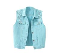 LApooh Ärmellose Jeansweste Für Damen, Vintage-Jeansjacke Mit Gewaschenen Perlen, Strickjacken, Übergröße, Hip-Hop-Outfits, Streetwear, Leichte Warme Oberbekleidung, Blau, M