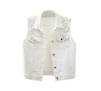 LApooh Ärmellose Jeansweste Für Damen, Vintage-Jeansjacke Mit Gewaschenen Perlen, Strickjacken, Übergröße, Hip-Hop-Outfits, Streetwear, Leichte Warme Oberbekleidung, Weiß, S