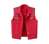 LApooh Ärmellose Jeansweste Für Damen, Vintage-Jeansjacke Mit Gewaschenen Perlen, Strickjacken, Übergröße, Hip-Hop-Outfits, Streetwear, Leichte Warme Oberbekleidung, Rot, 3XL